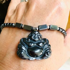 Hematite laughing Buddha necklace- enhances focus and clear energy, good luck!